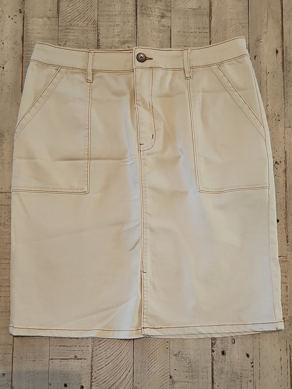 Classic Cream/Tan Midi Stretch Denim Skirt